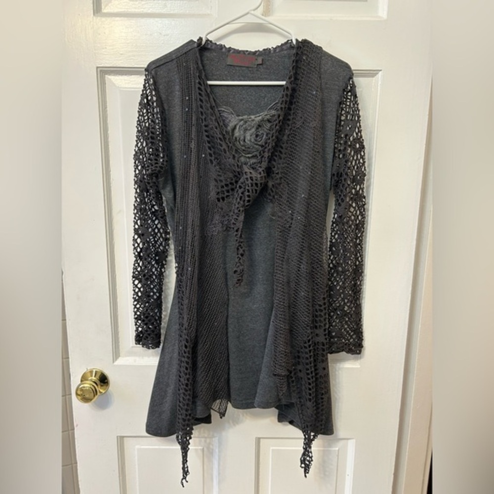Black Lace Tunic Top Long Shirt Women's Large Black Gray Funky